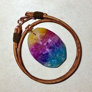 ❤️❤️❤️16” Rainbow Agate Leather Choker Necklace